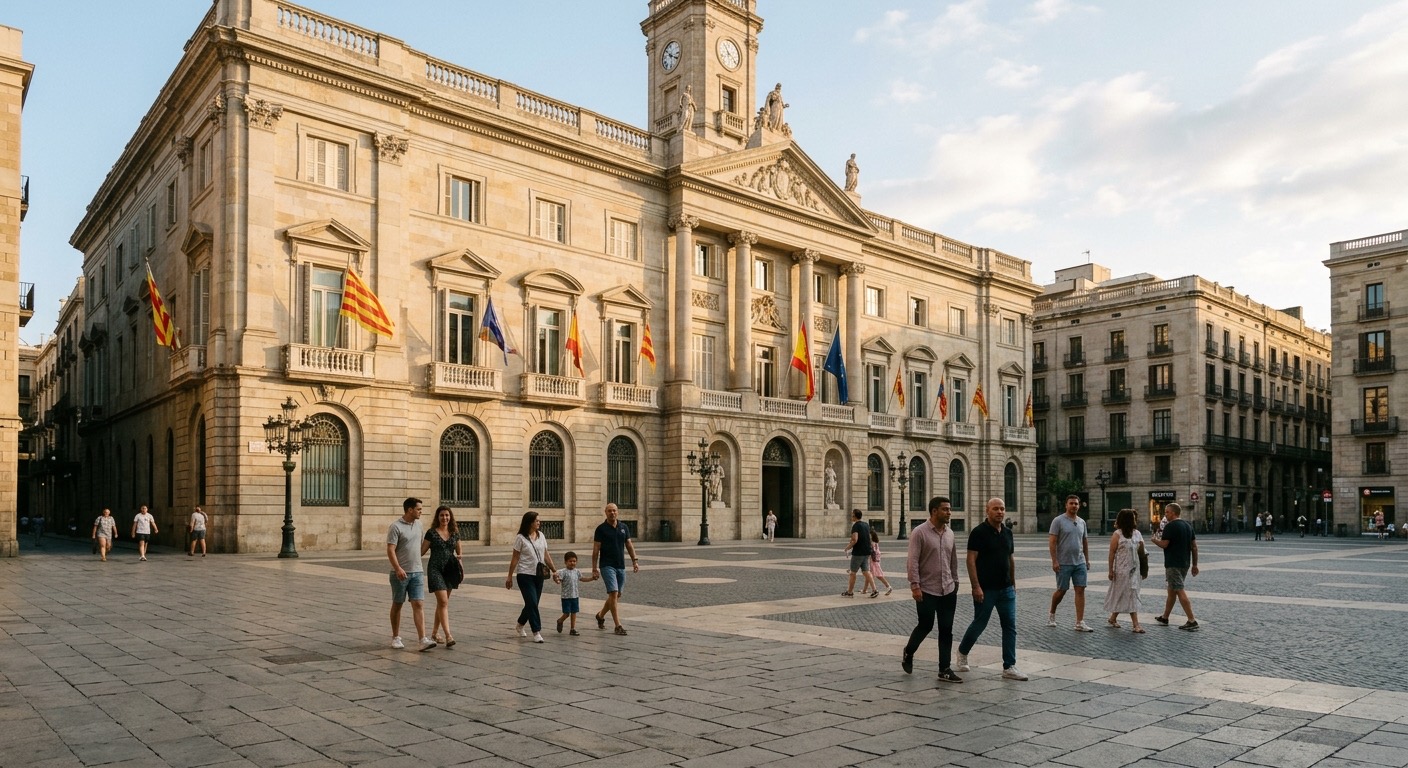 Plaza de Sant Jaume de Barcelona con el edificio del Ayuntamiento y ciudadanos paseando.