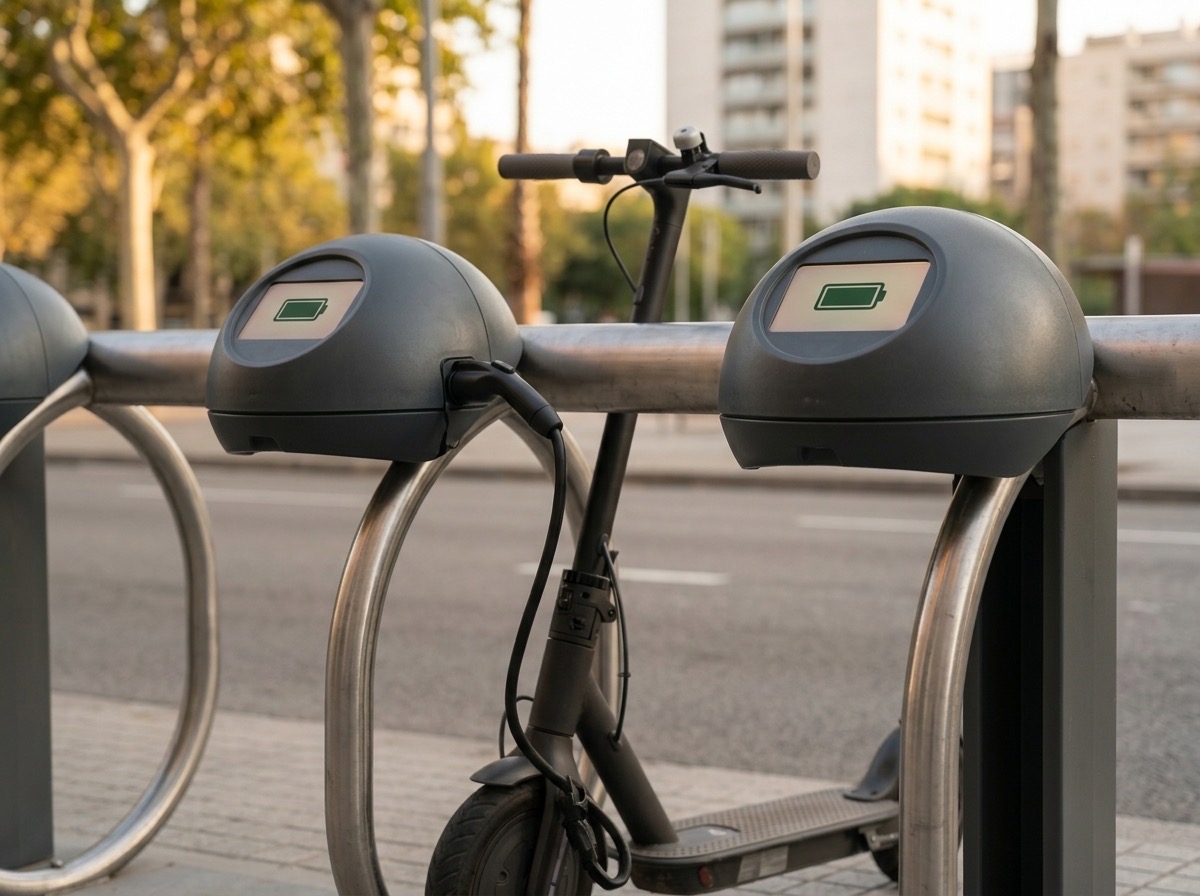 Patinete eléctrico cargando en un punto de carga vadeBike en la calle.