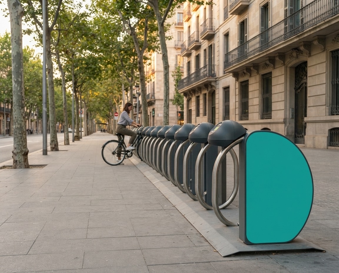 Nodo vadeBike con anclajes para bicicletas en una acera arbolada de Barcelona; una ciclista aparca su bici.
