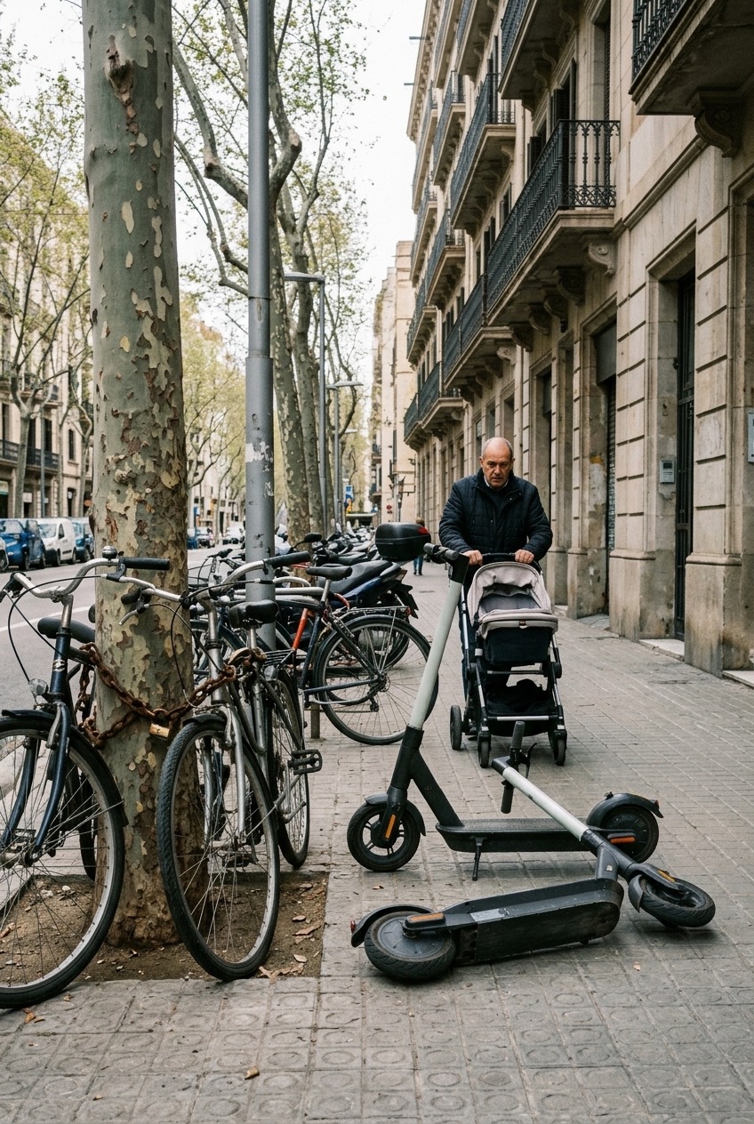 Acera de Barcelona desordenada: bicicletas encadenadas a un árbol y patinetes tirados en el suelo mientras pasa un peatón con un carrito.