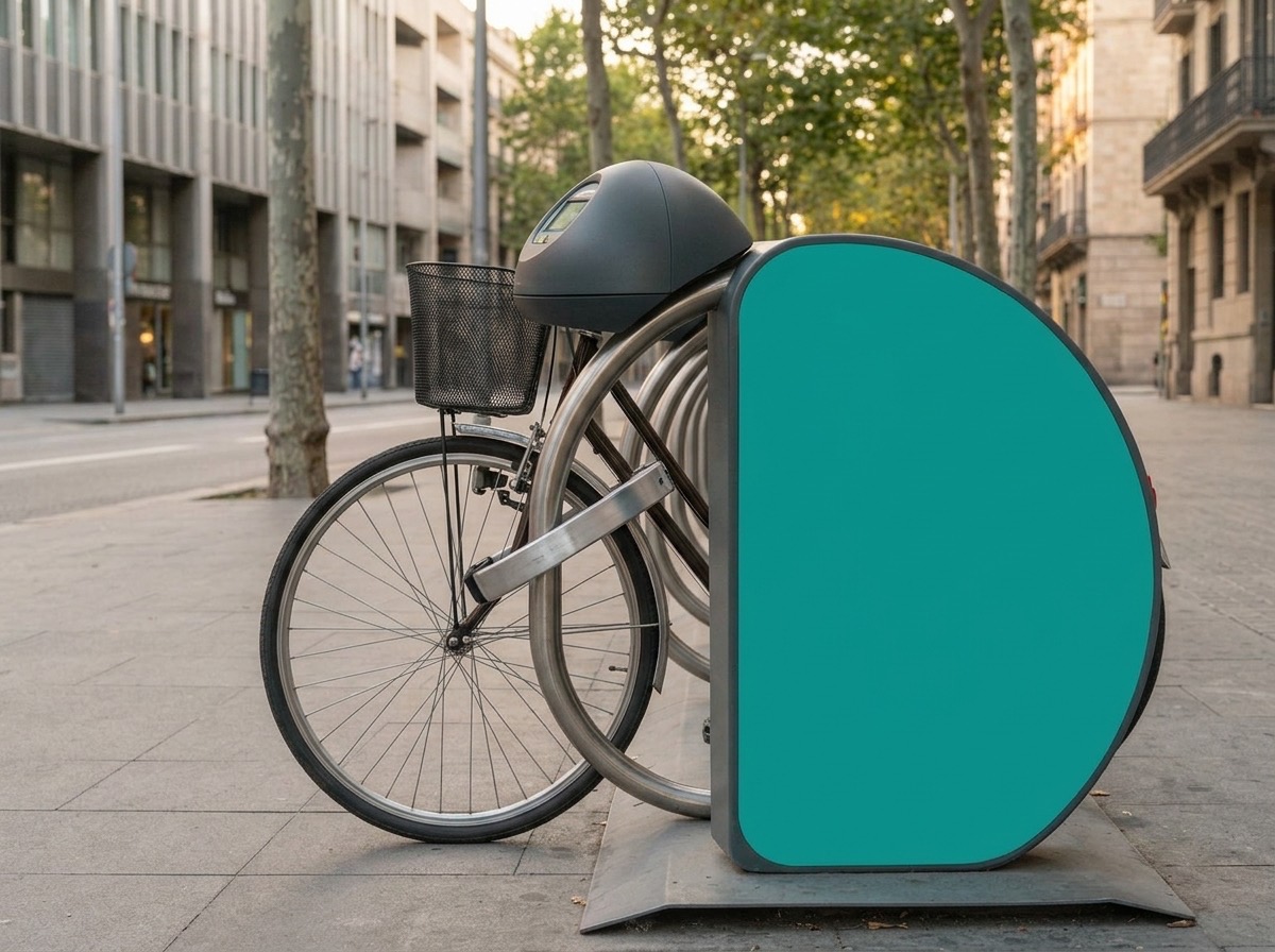 Bicicleta anclada en un aparcamiento vadeBike con el anclaje antirrobo cerrado sobre la rueda.