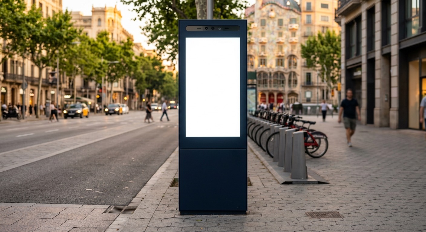 Smart Totem vadeCity en una acera del Eixample de Barcelona, junto a una hilera de aparcabicis.